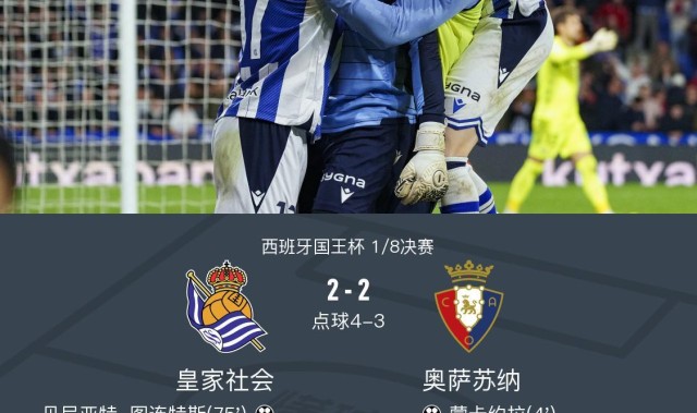 点球大战皇家社会6-5奥萨苏纳，卡泰纳失点